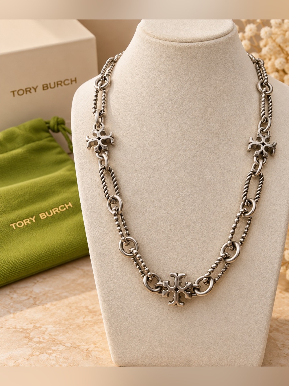 Tory Burch Silver-Tone Mixed Link Necklace with Logo Motifs